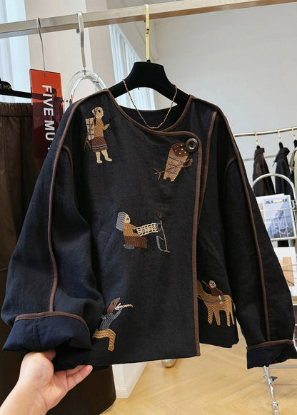 Black Fall O Neck Coat Handmade Linen Patchwork Embroidered