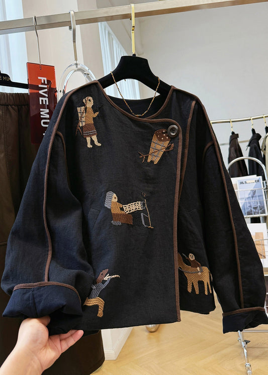 Black Fall O Neck Coat Handmade Linen Patchwork Embroidered