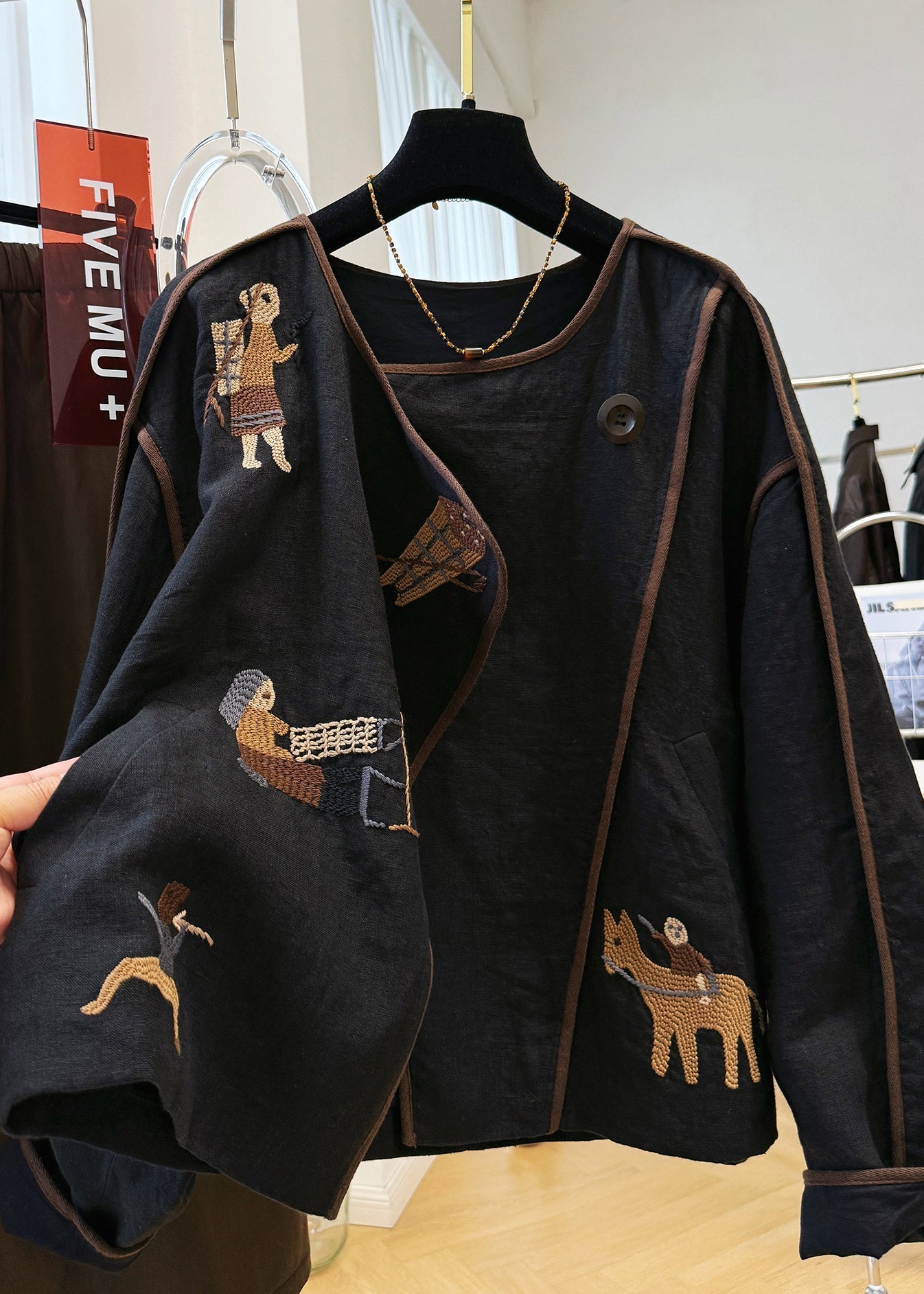 Black Fall O Neck Coat Handmade Linen Patchwork Embroidered