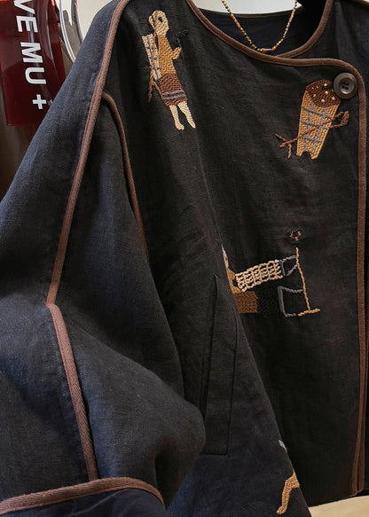 Black Fall O Neck Coat Handmade Linen Patchwork Embroidered