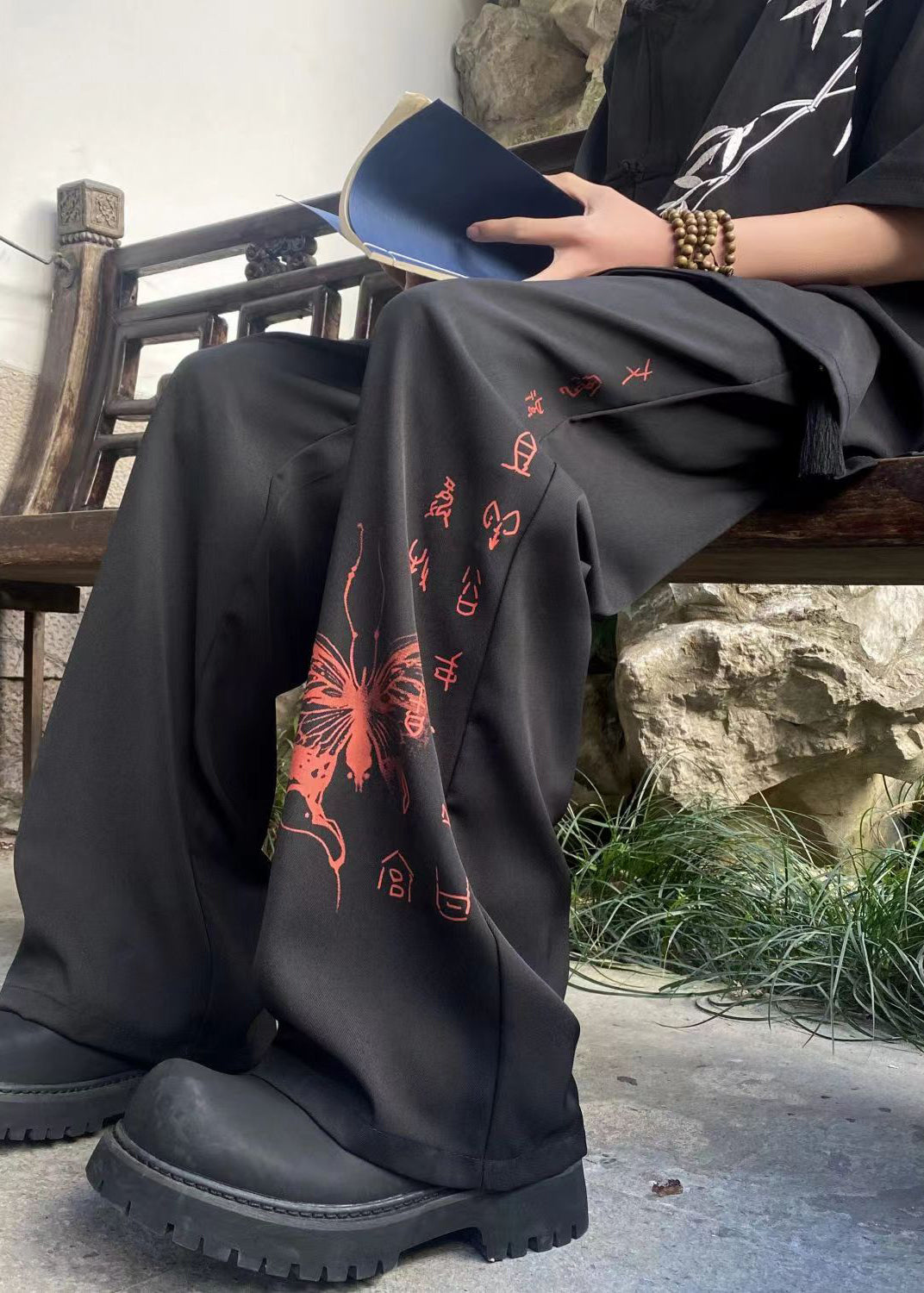 Handmade Black Pockets Print Ice Silk Mens Pants Summer YT039