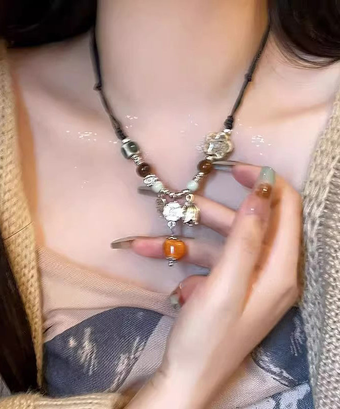 Handmade Ceramics Weave Pendant Beads Necklace Alloy Black