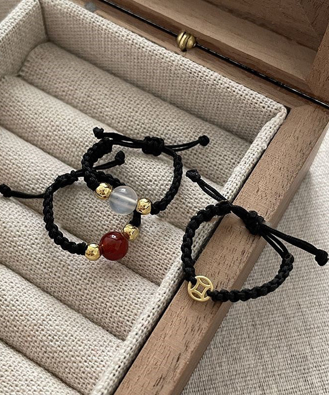 Three-Piece Copper Black Agate Weave Crystal Handmade Rings Coin