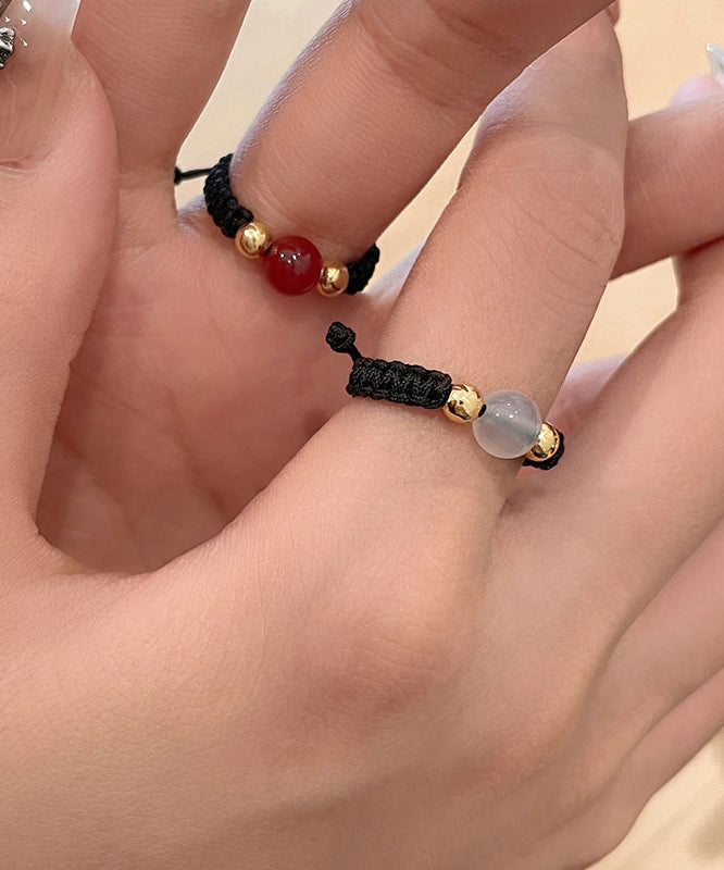 Three-Piece Copper Black Agate Weave Crystal Handmade Rings Coin