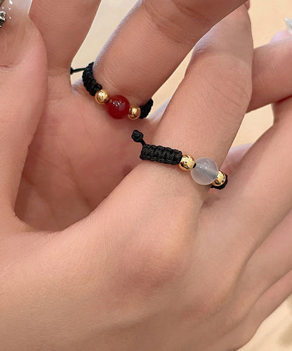 Three-Piece Copper Black Agate Weave Crystal Handmade Rings Coin