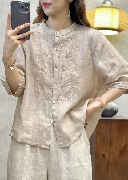 Sleeve Linen Embroidered Blue Half Tops Handmade