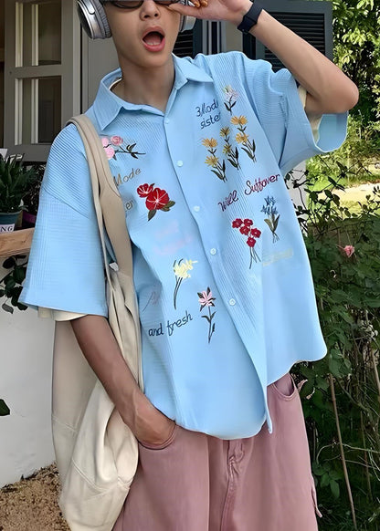 Handgemachte Baumwolle bestickt Herren blau Shirt Plaid Sommer