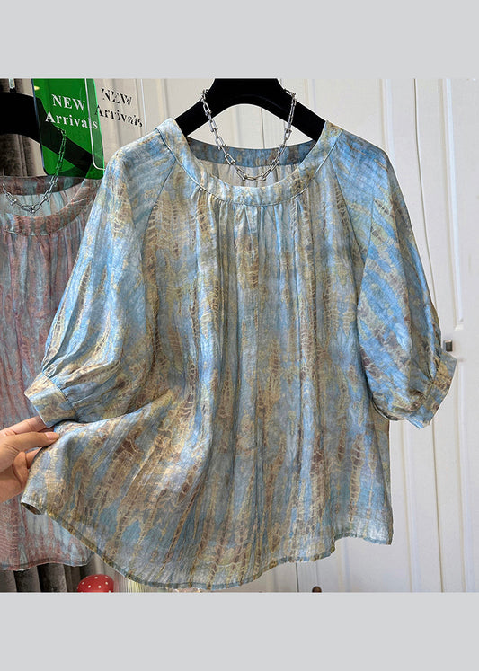 Bracelet Tie Handmade Neck Top O Dye Blue Sleeve Chiffon