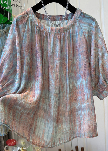 Bracelet Tie Handmade Neck Top O Dye Blue Sleeve Chiffon