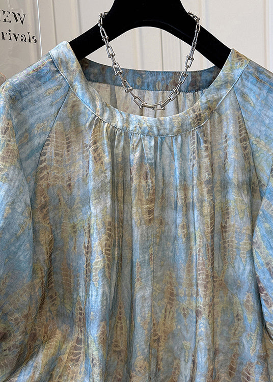 Bracelet Tie Handmade Neck Top O Dye Blue Sleeve Chiffon