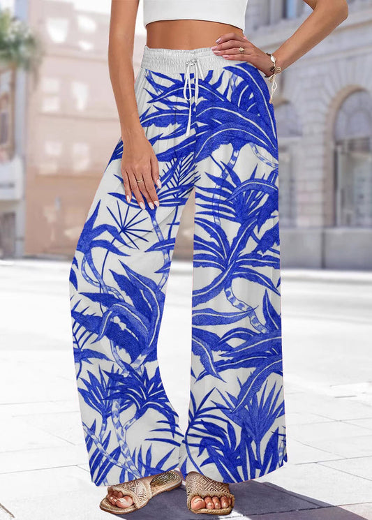 Pantalon jambe taille imprimé bleu été élastique fait main large