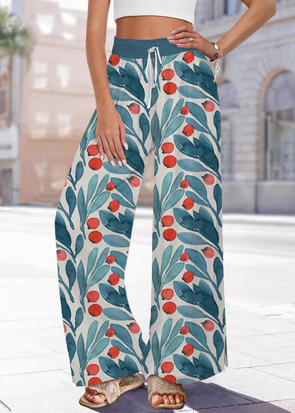 Pantalon jambe taille imprimé bleu été élastique fait main large
