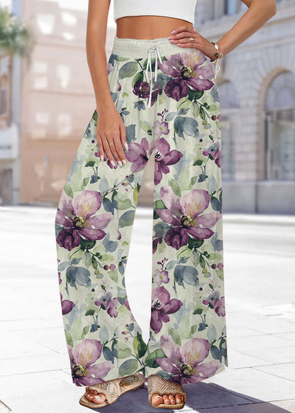 Pantalon jambe taille imprimé bleu été élastique fait main large