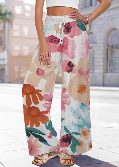 Pantalon jambe taille imprimé bleu été élastique fait main large