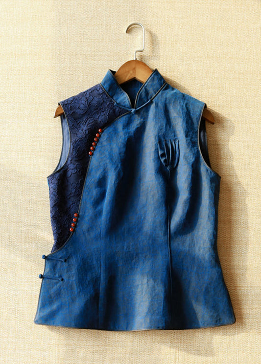 Handmade Blue Stand Collar Patchwork Button Silk Vest Summer QB025