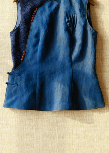 Gilet en soie bleu à col montant et boutons en patchwork fait main pour l'été QB025