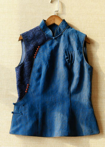 Gilet en soie bleu à col montant et boutons en patchwork fait main pour l'été QB025