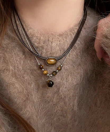 Collier pendentif en deux pièces fait main en alliage marron avec pierre œil de tigre WI005