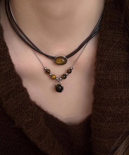 Collier pendentif en deux pièces fait main en alliage marron avec pierre œil de tigre WI005