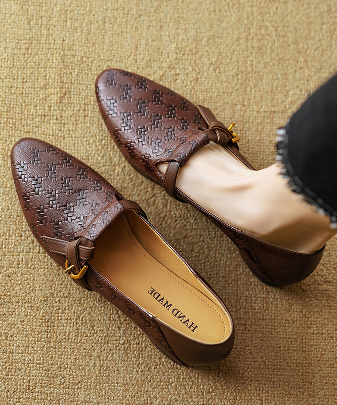 Chaussures faites main en cuir de vache, pieds plats, bout pointu, cuir marron