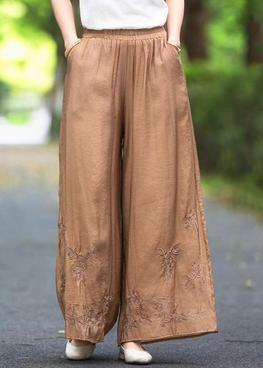 Pantalon en soie élastique fait main avec poches solides et taille marron pour l'été