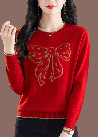 Handmade Camel O-Neck Embroidered Bow Thick Cotton Knit Sweaters Winter TE037