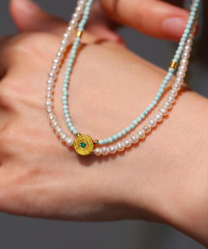 Collier de perles graduées à double couche en alliage de couleurs turquoise fait main EY015