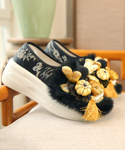 Handmade Faux Fur Splicing Platform Flats Black Embroidery TQ045