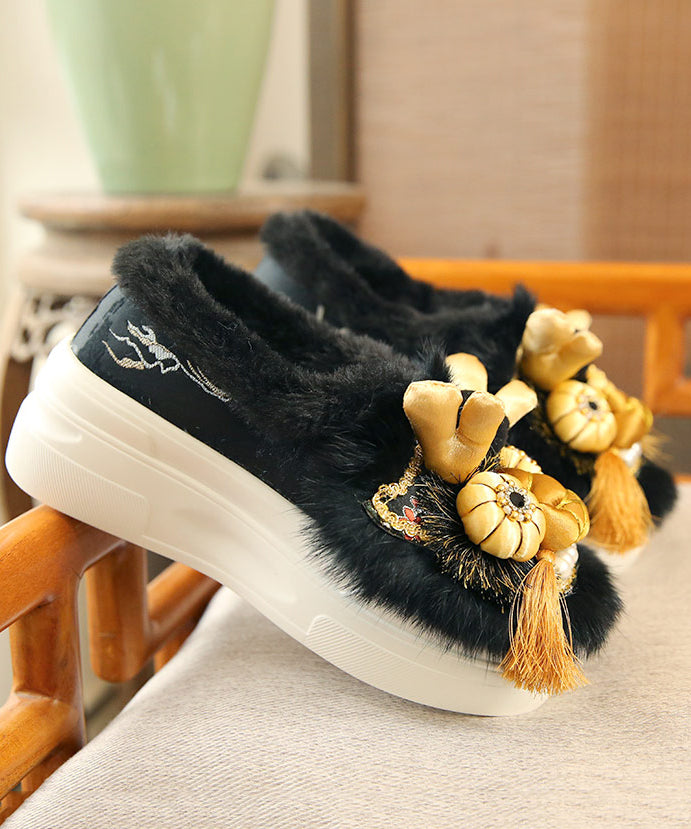 Handmade Faux Fur Splicing Platform Flats Black Embroidery TQ045