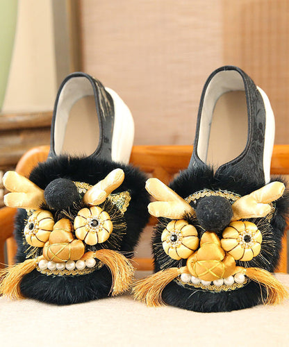 Handmade Faux Fur Splicing Platform Flats Black Embroidery TQ045