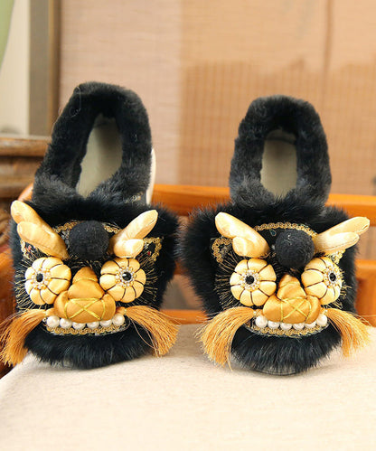 Handmade Faux Fur Splicing Platform Flats Black Embroidery TQ045