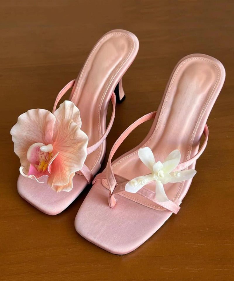 Floral Flip Stiletto Heels Seide Asymmetrische Flops Handmade Grün