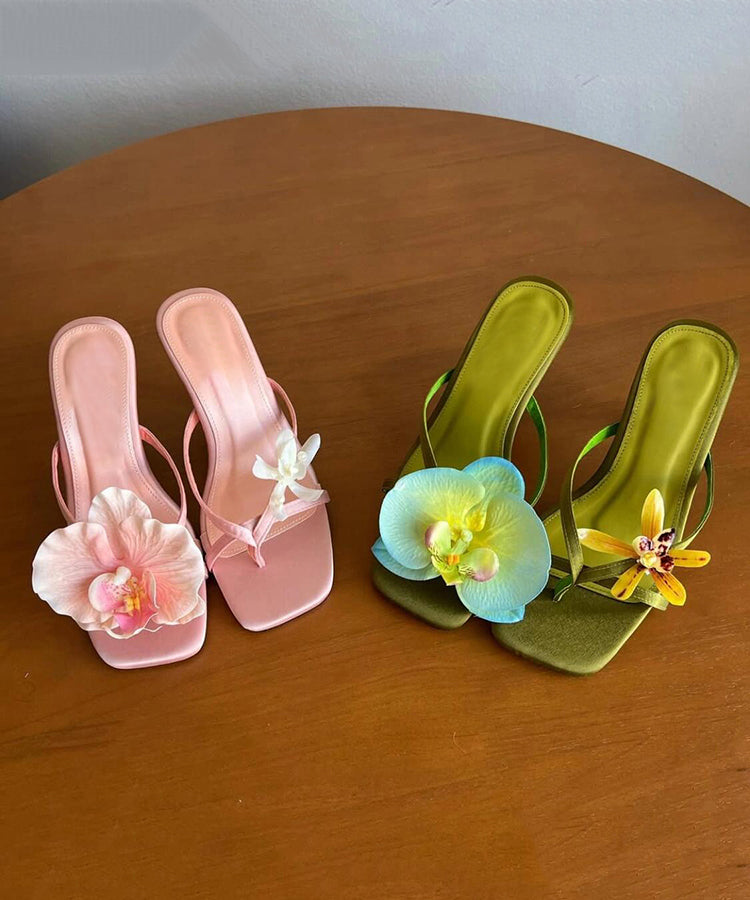 Floral Flip Stiletto Heels Seide Asymmetrische Flops Handmade Grün