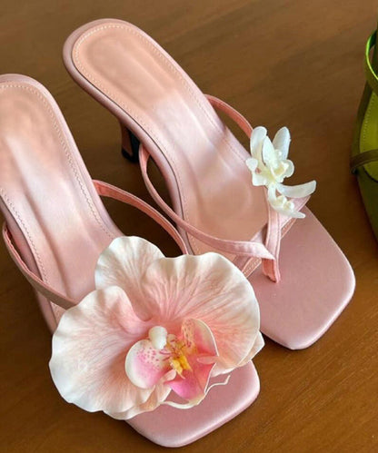 Floral Flip Stiletto Heels Seide Asymmetrische Flops Handmade Grün