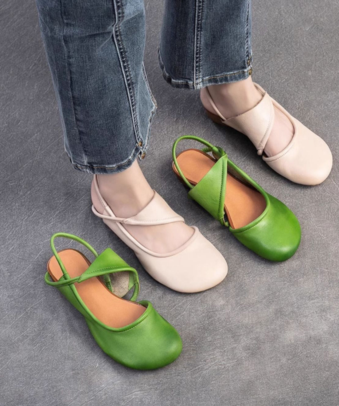 Leather Out Hollow Green Walking Splicing Handmade Cowhide