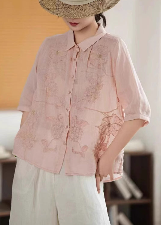 Hemd Halbhandgemacht Ärmelknopf Grün Leinen Bestickt