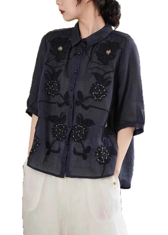 Hemd Halbhandgemacht Ärmelknopf Grün Leinen Bestickt