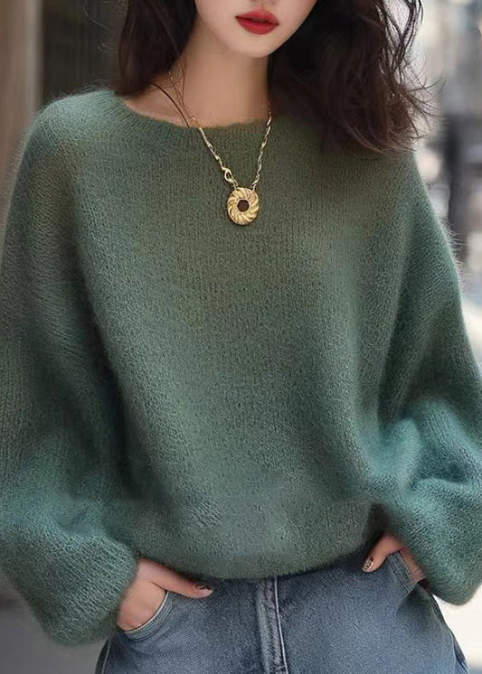 Handgemachte grüne O-Ausschnitt kuschelige Strickpullover Frühling TO004