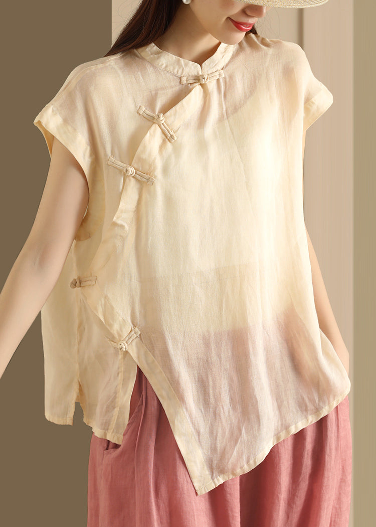 Button Top Green Collar Linen Handmade Stand Summer