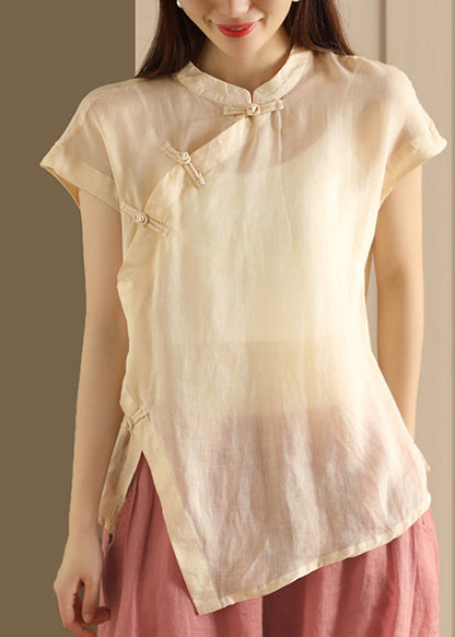 Button Top Green Collar Linen Handmade Stand Summer