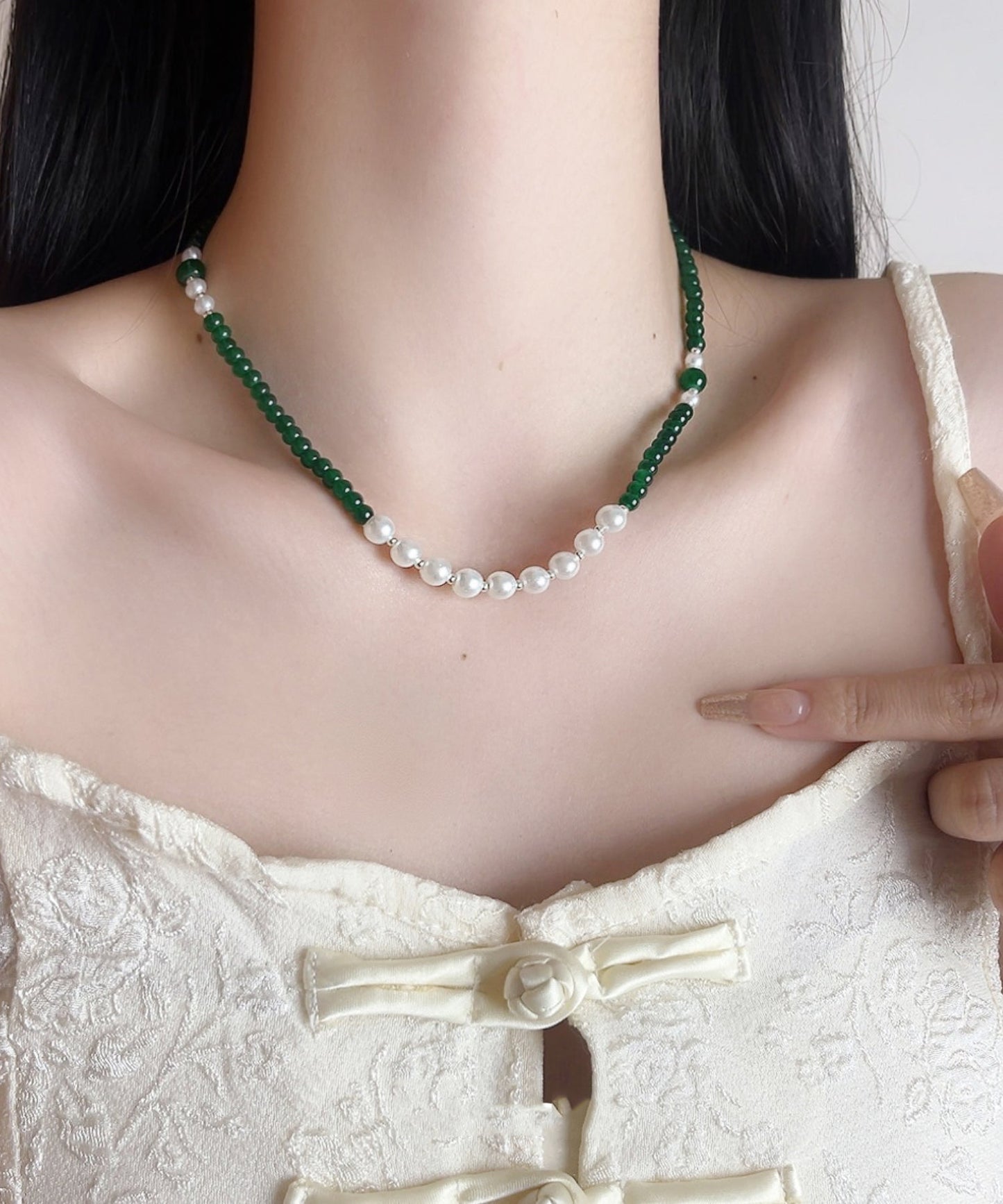 Handmade Green Sterling Silver Agate Pear Beading Gratuated Bead Necklace AB1091