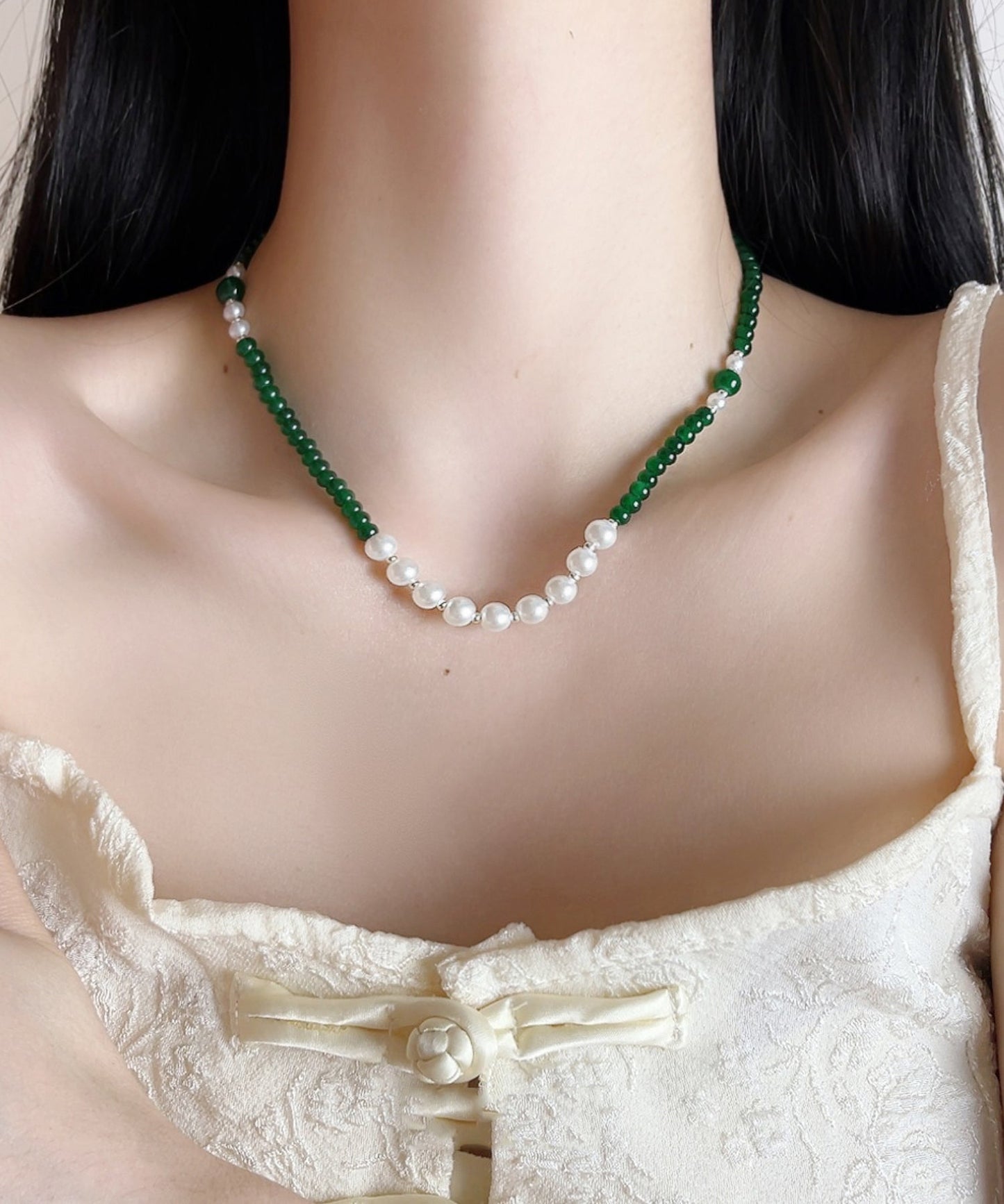 Handmade Green Sterling Silver Agate Pear Beading Gratuated Bead Necklace AB1091