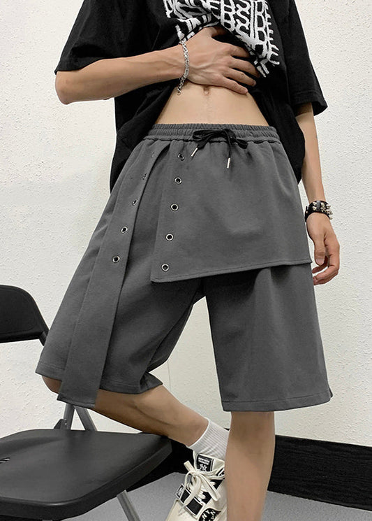 Handmade Grey Elastic Waist Patchwork Men Crop Pants YT008