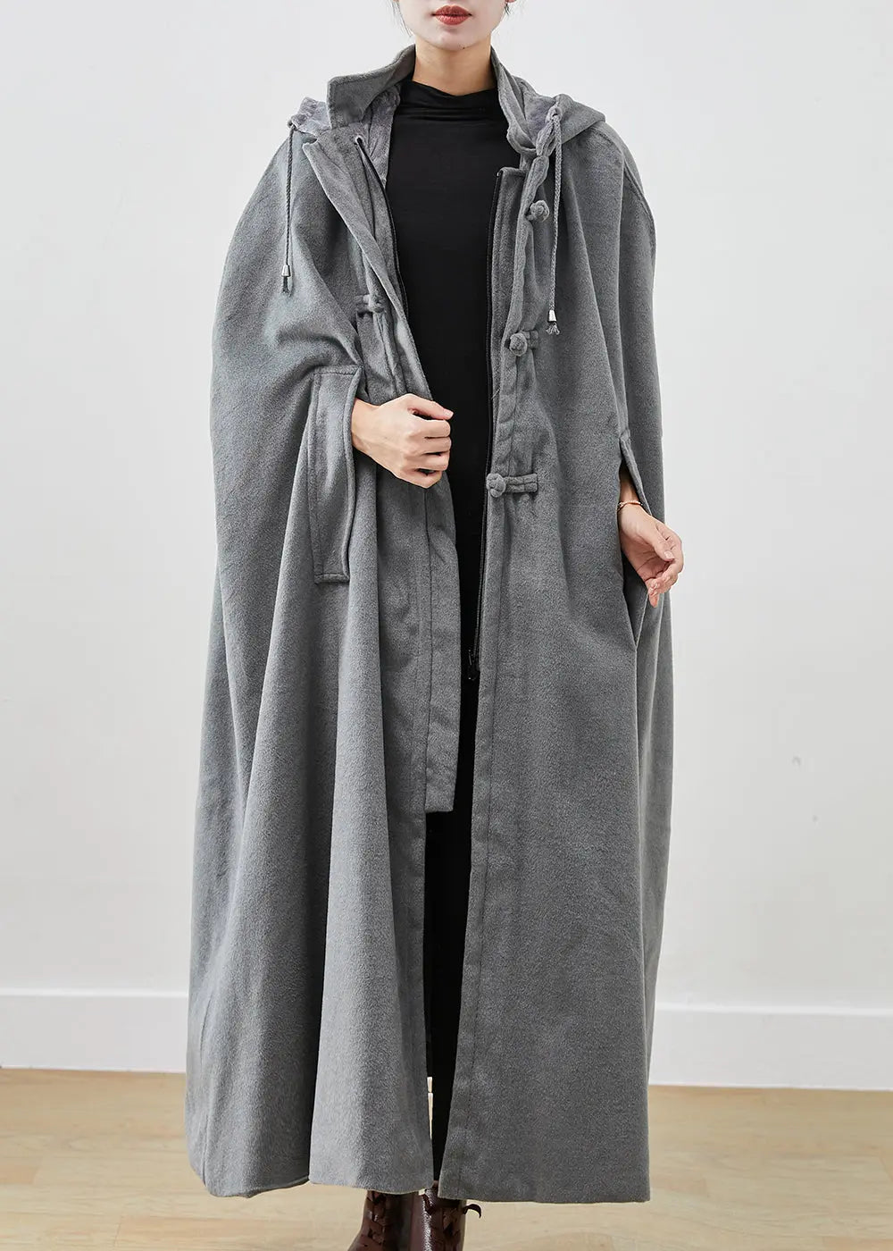 Handmade Grey Oversized Lengthen Warm Fleece Hooded Coat Cloak Sleeves Ada Fashion