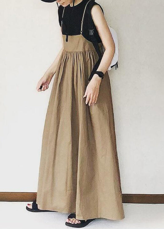 Spaghetti Khaki Patchwork Langes Faltenkleid Handgefertigter Riemen