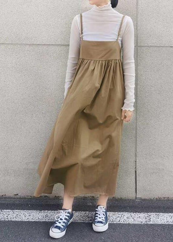 Spaghetti Khaki Patchwork Langes Faltenkleid Handgefertigter Riemen
