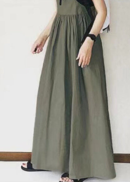 Spaghetti Khaki Patchwork Langes Faltenkleid Handgefertigter Riemen