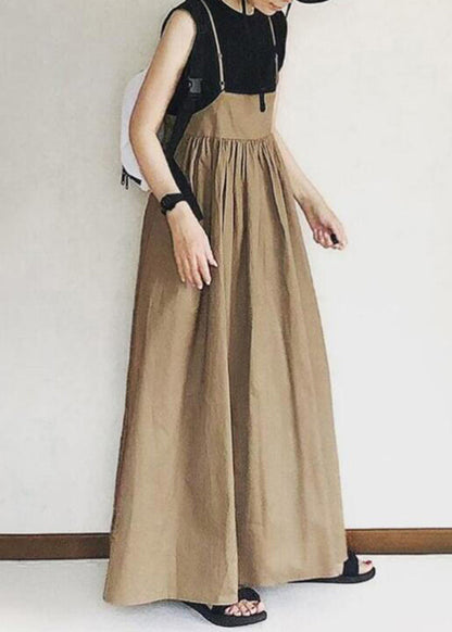 Spaghetti Khaki Patchwork Langes Faltenkleid Handgefertigter Riemen