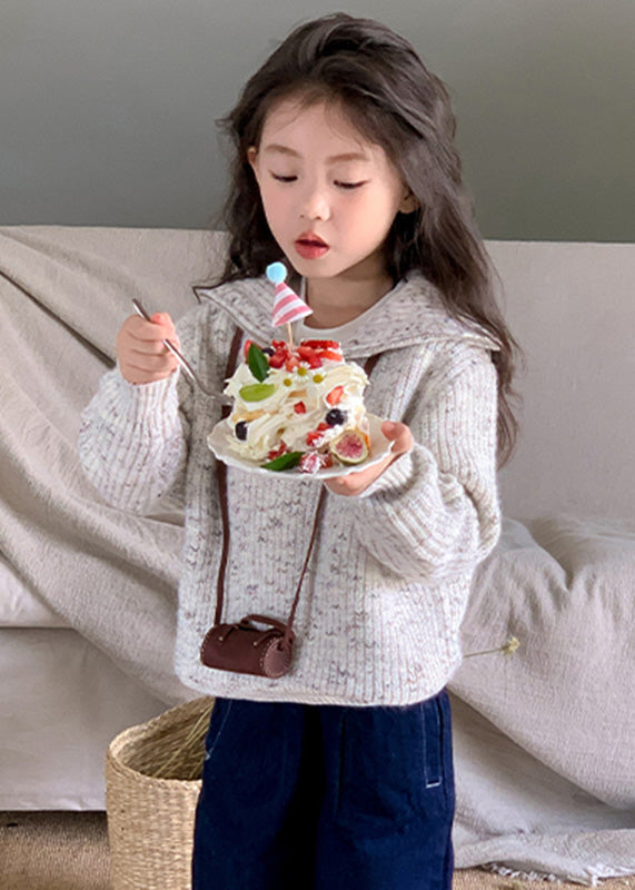 Handmade Light Grey Zippered Patchwork Cotton Knit Girls Sweater Tops Spring TP028