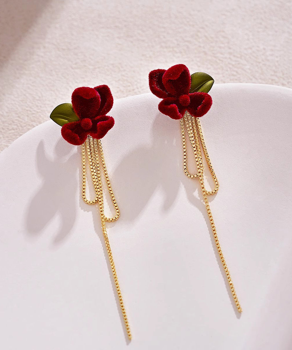 Handmade Mulberry Alloy Silk Velvet Gardenia Flower Tassel Drop Earrings WH035